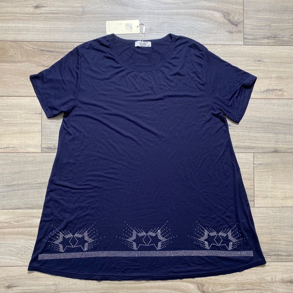 Julia Womens Stars Rhinestone Short Sleeve Tunic Size L/XL Navy‎ Blue